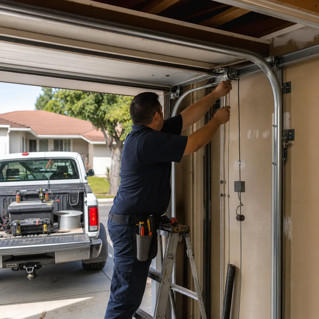 Technician performing professional garage door cable repair on a residential door
