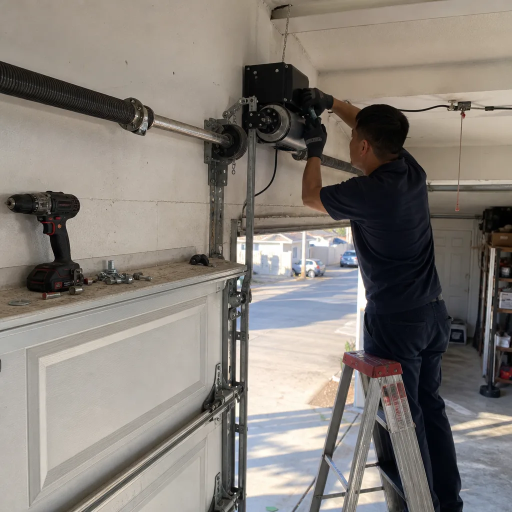 Technician performing professional garage door opener repair and maintenance.