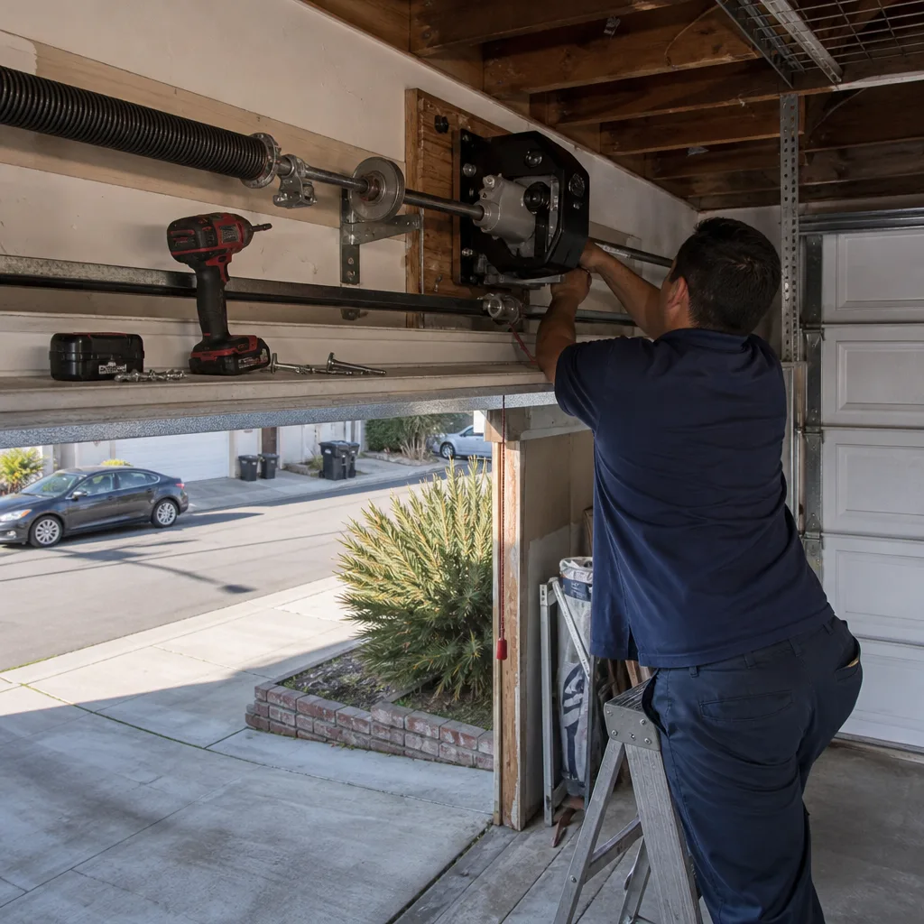 Technician performing professional garage door opener repair and maintenance.
