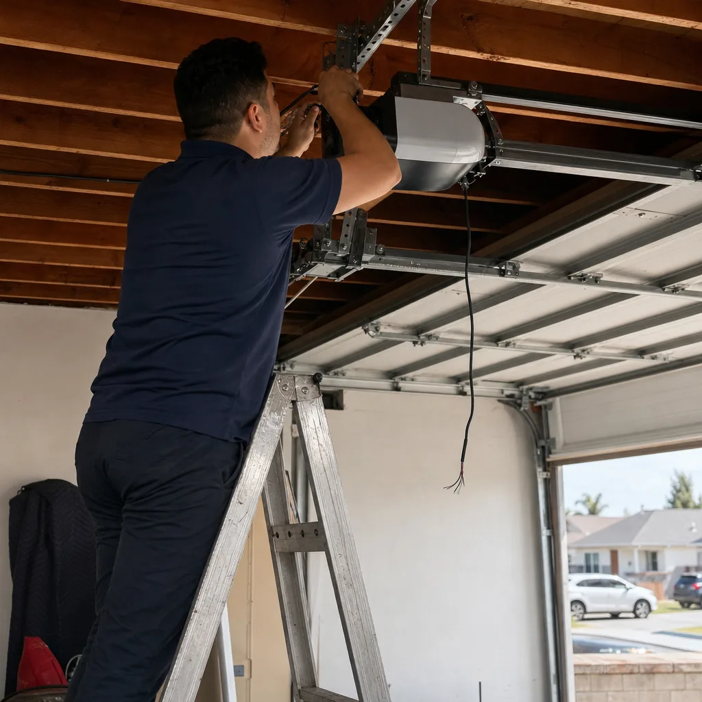 Technician performing garage door opener repair while on a ladder